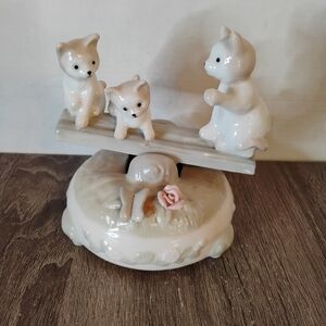Ceramic Cat Figurine with Pink Rose